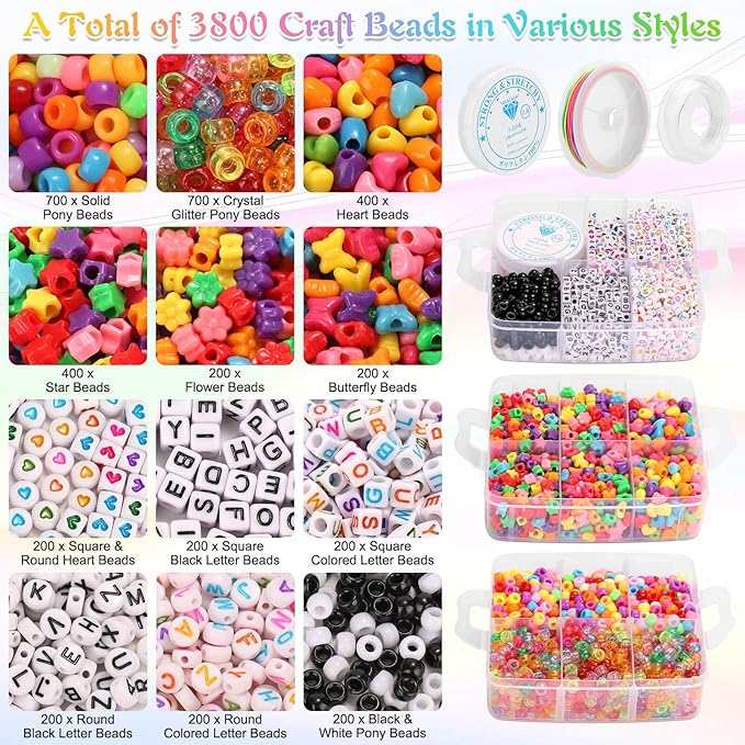 shynek 3800 Pony Beads: Bulk for Bracelets, Hair Braids & Craft - Colorful Plastic, Kandi, Star & Letter Beads for Jewelry Making