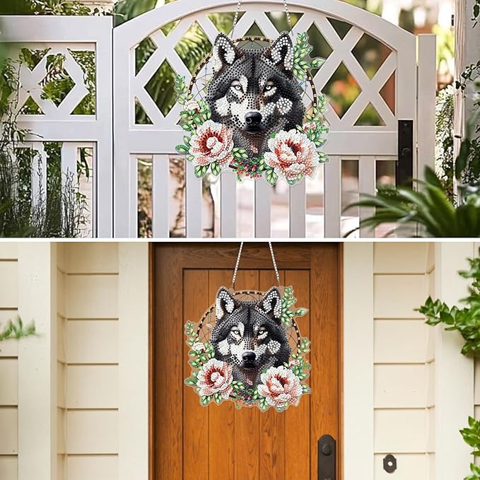 MXJSUA Dreamcatcher Wolf Flower Diamond Art Hanging Kits for Adults Beginners, DIY Acrylic Special Shaped Crystal Diamond Gem Drills Pendant Art Painting Ornament for Home Wall Decor Gift