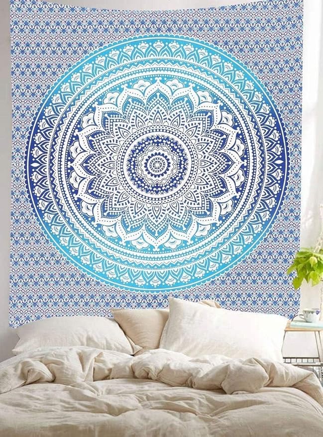 popular handicrafts tapestry wall hanging hippie ombre mandala bohemian hippy psychedelic design indian tapestries bedspread 30 x 40 inches (76 x 101 cms), blue