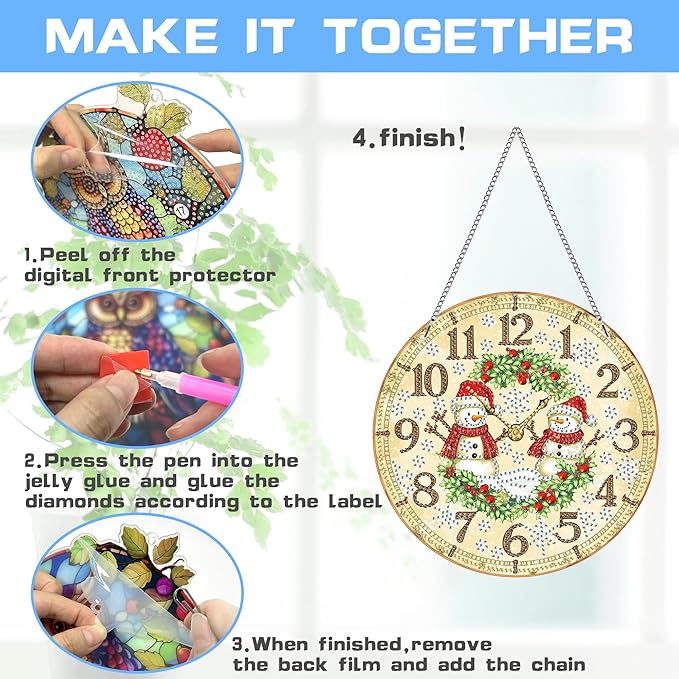 VAIIEYO Christmas Diamond Art Hanging Ornament, Snowman Diamond Painting Suncatchers Window Hanging Kit with Chain, 7.5x7.5 inch Crystal Pendant Art Craft for Gift Home Wall Front Door Decoration