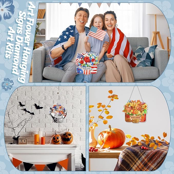 Chitidr 6 Pcs Seasonal Diamond Art Kits Diamond Art Flower Hanging Signs Diamond Art Kits for Adults Diamond Art Ornaments Winter Christmas Diamond Kits for Summer Fall Wall Door Decoration