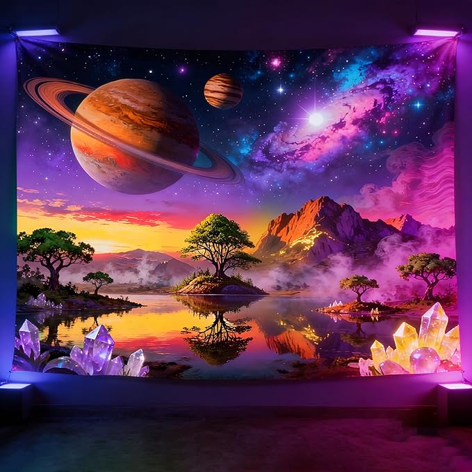 Duoduobuy 79x59 Inch Blacklight Tapestry Black Light Posters for Adults Galaxy Space Glow in the Dark Tapestry Trippy Landscape Planet Magical Trees Crystals Wall Decor with Traceless Nail Hook Kit