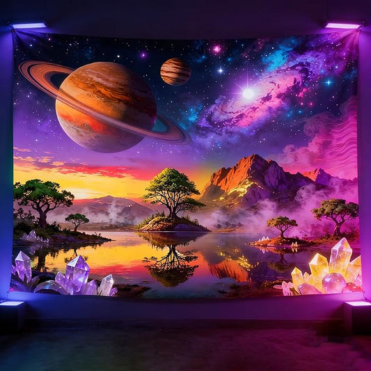Duoduobuy 79x59 Inch Blacklight Tapestry Black Light Posters for Adults Galaxy Space Glow in the Dark Tapestry Trippy Landscape Planet Magical Trees Crystals Wall Decor with Traceless Nail Hook Kit