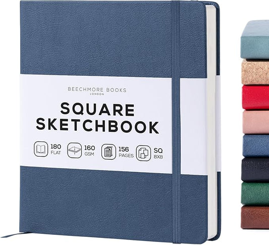 Beechmore Books Square Mixed Media Sketchbook - 8x8 Inch Professional Art Journal, 160 GSM / 98 lb Ivory Paper, Perforated Pages, Vegan Leather Hardcover, Lay-Flat Design for Drawing & Doodling