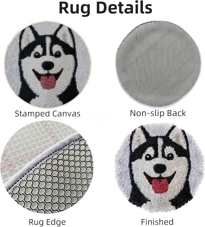 Latch Hook Rug Kit Husky Dog Easy for Beginners Round Shape Carpet Crochet Yarn Craft Mini Rug DIY Hook and Latch Little Tapestry for Home Decor 30x30cm
