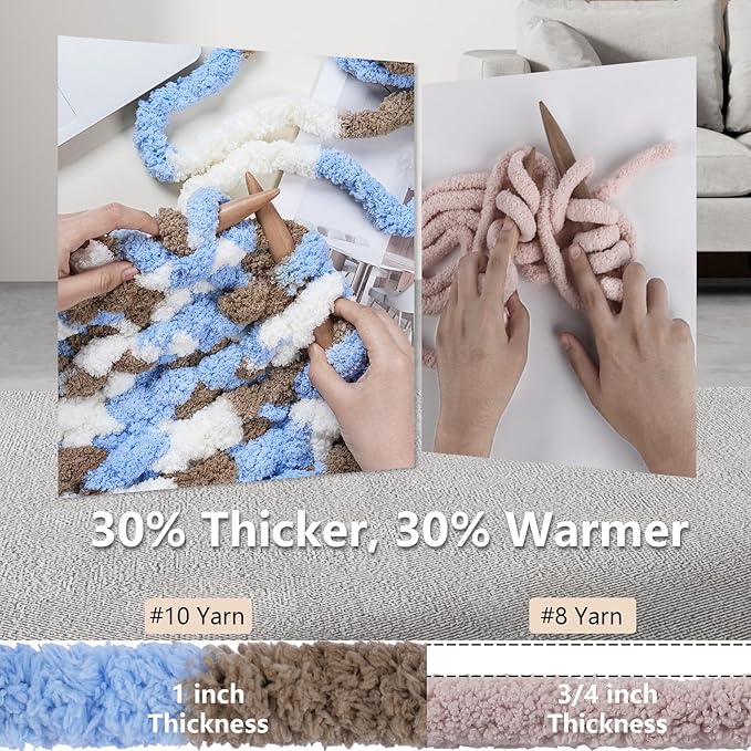 Chunky Yarn for Hand Knitting - #10 Chunky Chenille Blanket Yarn, Jumbo Big Thick Chunky Yarns for Crocheting, Tie Dye Bulky Knit Yarns, 8 Skein (25 yds 8 oz Each Skein), Khaki & Blue & White