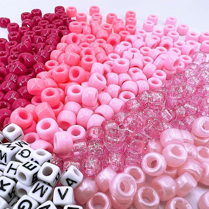 MIIIM 1300 Pcs Pony Beads Kit for Friendship Bracelet, 6 Styles Kandi Bracelet Kit in Box with Individual Compartments, Hair Beads for Braids, Letters (Pink Shades)
