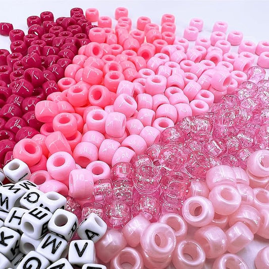 MIIIM 1300 Pcs Pony Beads Kit for Friendship Bracelet, 6 Styles Kandi Bracelet Kit in Box with Individual Compartments, Hair Beads for Braids, Letters (Pink Shades)