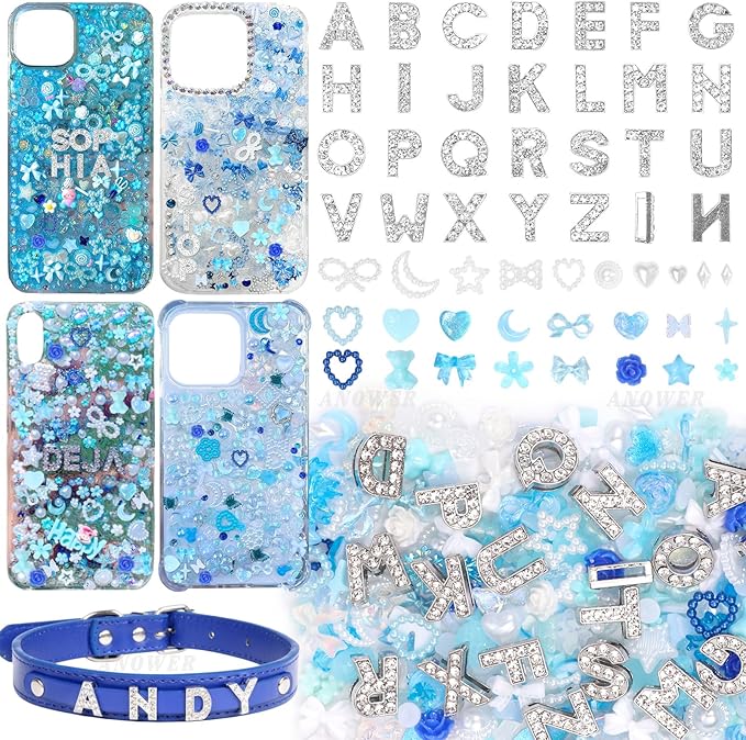 330 Pcs Blue Junk Phone Case Charms 26 Pcs A-Z Rhinestone Alphabet Letter Charms, Mix Flower Bow Heart Pearls Flatback Resin Charms Letter Junk Cases Kit for DIY Crafts