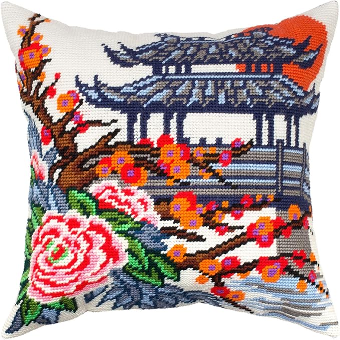 Japanese Garden. Needlepoint Kit. Throw Pillow 16×16 Inches. Printed Tapestry Canvas, European Quality