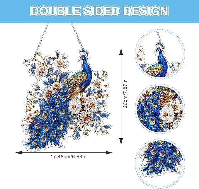 Lxmsja DIY Peacock Diamond Painting Hanging Ornament, Double-Sided Acrylic Sparkling Flowers Diamond Art Kit, Special Shaped Suncatcher Hanging Pendant Window Art Kit 8x7 inch