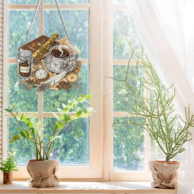 CEOVR Coffee Hanging Diamond Art for Adults, Coffee Diamond Painting Pendant DIY Gem Art Wall Hanging Ornament, Acrylic Home Garden Decor with Chain, Box Kit 7.81×6.92inch