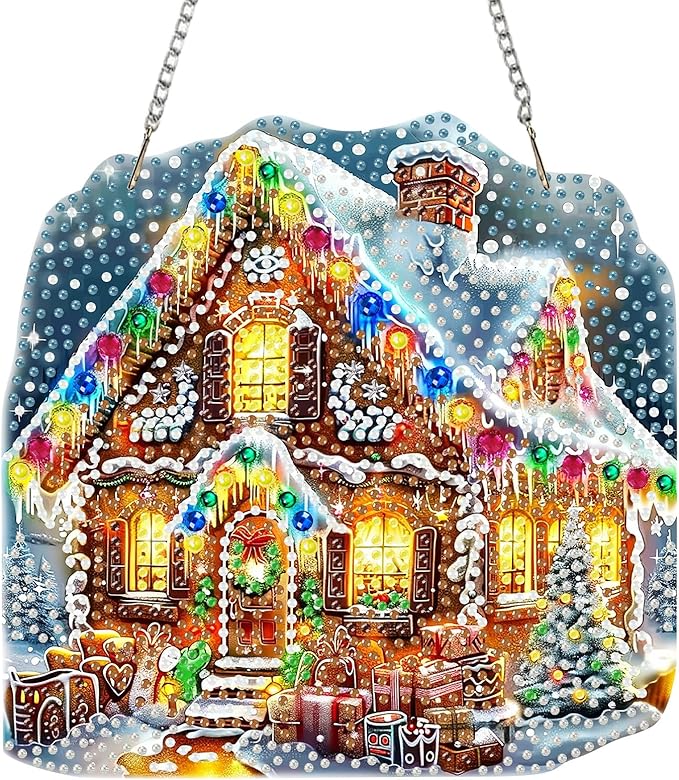 SENQAO Christmas Diamond Art Hanging Kits for Adults Kids, Christmas House Diamond Art Suncatchers, 5D Special Shape Diamond Painting Pendant Window Ornament Gifts for Home Door Wall Decor