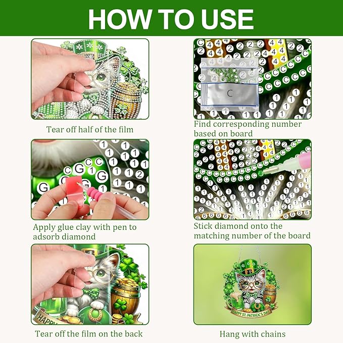 CEOVR St. Patrick's Day Diamond Painting Pendant, Cat Hanging Diamond Art for Adults, DIY Gem Art Wall Hanging Ornament, Acrylic Home Garden Decor with Chain, Box Kit 7.55×7.87inch