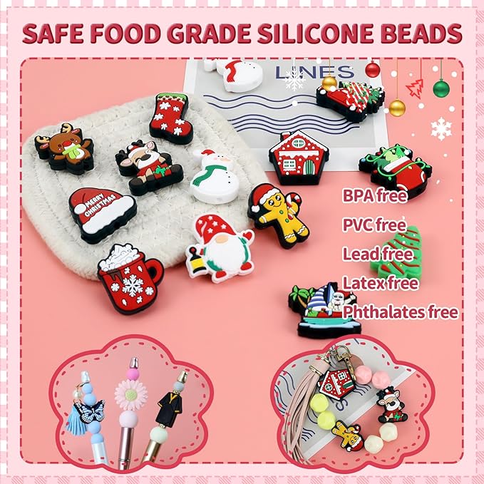 16PCS Christmas Silicone Beads for Pens, 16Pcs Silicone Focal Beads for Keychain Making DIY Handicraft（Christmas ）