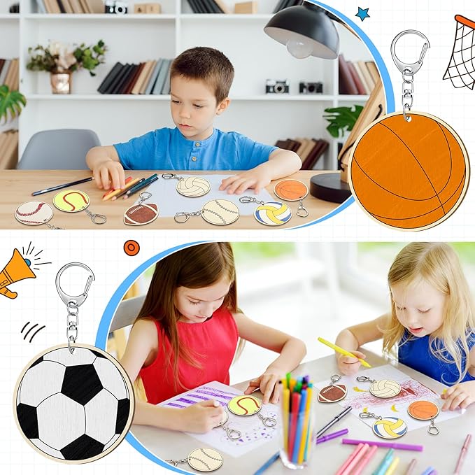 Trnayi 36 Pcs Color Your Own Sports Ball Keychains Crafts for Boys Girls Unfinished Wooden Football Basketball Soccer Crafts Blank Wood Painting DIY Crafts for Home Classroom Activities Project Decor