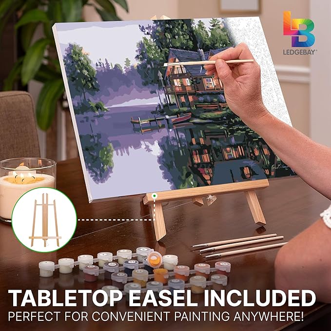 Ledgebay DIY Paint by Numbers Kit for Adults Framed Canvas Beginner to Advanced Paint by Numbers Kit Kits Include Acrylic Paint Set Brushes Tabletop Easel (Cabin Fever 12" x 16" Framed)