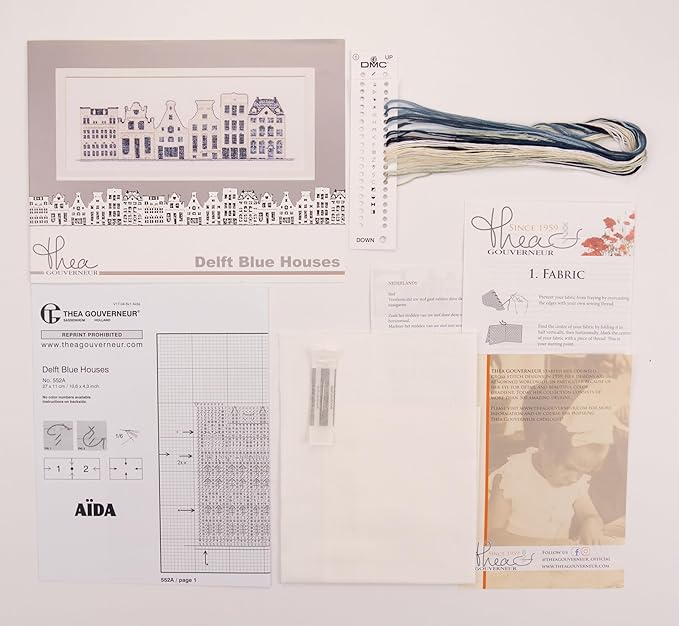 Thea Gouverneur - Counted Cross Stitch Kit - Delft Blue Houses - Aida - 18 Count - Embroidery Kit for Adults - DMC Embroidery Threads and Other Cross Stitch Supplies Included - 552A