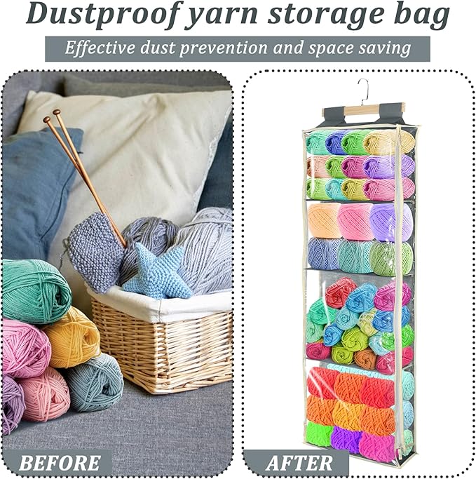 Hlimior Clear Hanging Yarn Storage with 4 Large Pockets, Clear Knitting Organizer Storage with Zippers for Crochet Lovers, Hanging Yarn Holder with Over-Door Hooks for Knitting Needles Crochet Hooks