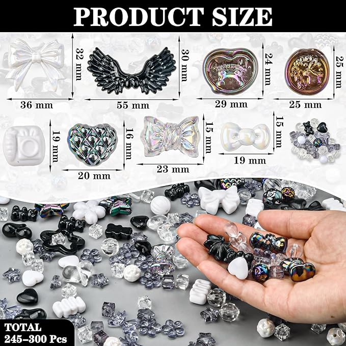 ABONDEVER 245-300Pcs Assorted Acrylic Beads for Bracelets Making Cute Star Bow Flower Candy Heart Gummy Bear Butterfly Beads for DIY Jewelry Crafts Keychain Necklace Phone Charms(Black)