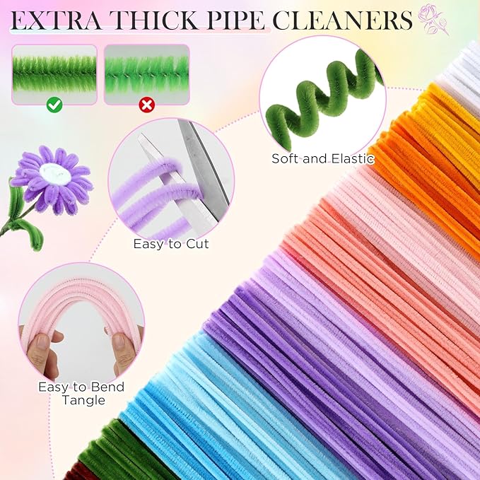 Pipe Cleaner Flower Kit, 540Pcs Pipe Cleaners Craft with 15 Designs Guiding Book, Flower Making Kit with Chenille Stems & Floral Wires, DIY Bouquets and Party Decorations (Multicolor, 12in x 7mm)