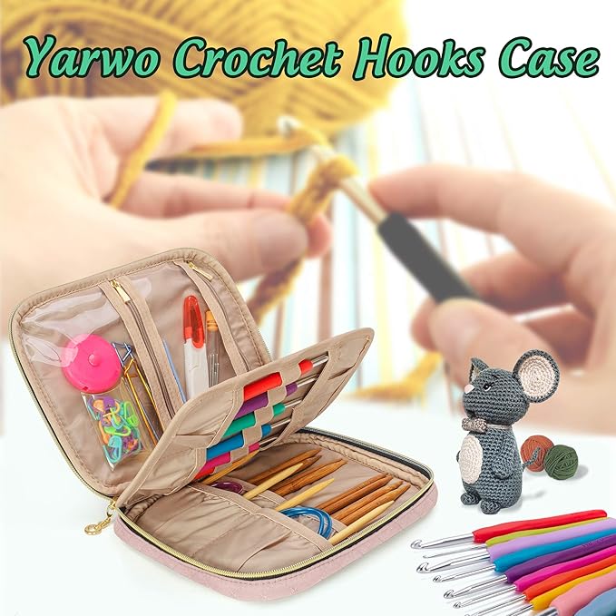 Yarwo Crochet Hook Case, Travel Organizer Holder for Crochet Hooks, Circular Knitting Needles, Knitting Needles (up to 8") and Other Supplies, Dusty Rose (Bag Only, Patented Design)
