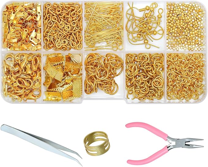 Gacuyi Jewelry Making Supplies Kit, Jewelry Repair Tools Kit with Pliers, Open Jump Rings, Lobster Clasps, Earring Hooks, Eye Pins, Findings and Beading Wires for Adults and Beginners (Gold)