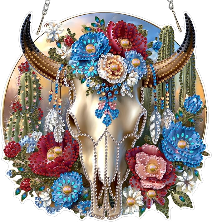Lxmsja DIY Bull Skull Diamond Painting Hanging Ornament, Double-Sided Acrylic Cacti and Flowers Diamond Art Kit, Special Shaped Suncatcher Hanging Pendant Window Art Kit