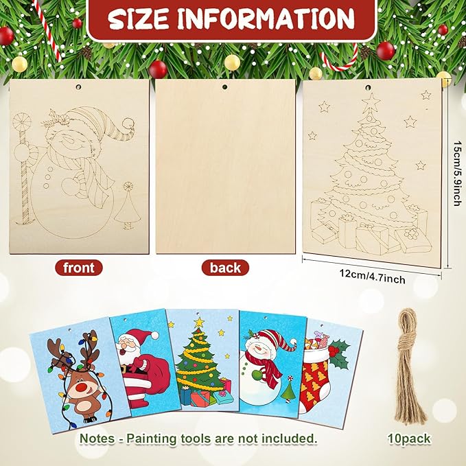 COCHIE 10 Pieces Large Christmas Unfinished Wood Crafts to Paint for Adults, Bulk Winter Predrilled Wooden Ornaments for Painting, Xmas Tree Truck Paintable Wood Slices Craft Supplies