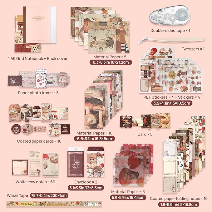 Scrapbook Photo Album Supplies Kit with Tweezers and Glue Tape – Vintage Aesthetic Junk Journaling Set, Scrapbooking Paper, Sticker Pack, Notebook, Stationery Kit, Gift for Adults Teens (Mushroom)