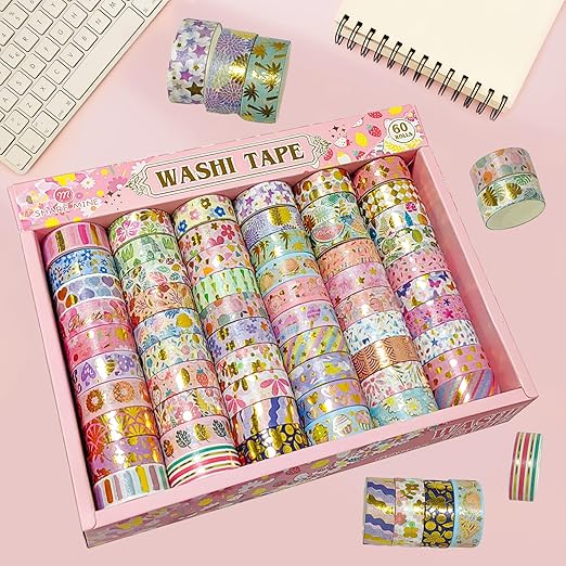60 Rolls Floral Washi Tape Set,Flower Patterns Decorative Skinny Blooms Masking Tapes with Gold Foil Supplies for Arts,Scrapbook,Planner,DIY Arts and Crafts,Gift Wrapping