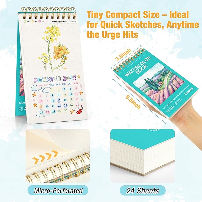 3-Pack Small Watercolor Sketchbook, 3.5" x5.5”(140lb/300g), Spiral Bound with Tear Line. Artist Water Color Paper, Portable Travel Notebook for Watercolor or Quick Sketch - Ideal for Kids & Adults