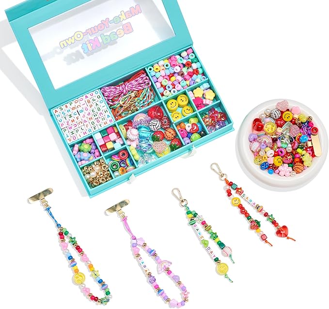 MINIMISSMIANYC DIY Keychain Making Kit for Women，Acrylic Heart Star Flower Letter Alphabet Baseball Pony Beads Phone Bag Charm Bead Kit Art Carft Jewelry Making Kit for Girls Boys Kids