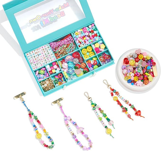 MINIMISSMIANYC DIY Keychain Making Kit for Women，Acrylic Heart Star Flower Letter Alphabet Baseball Pony Beads Phone Bag Charm Bead Kit Art Carft Jewelry Making Kit for Girls Boys Kids