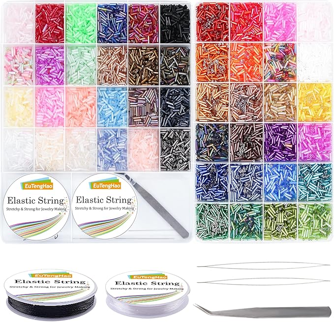 EuTengHao 14400pcs Tube Beads Kit, Glass Bugle Seed Beads Small Craft Beads for DIY Crafting Jewelry Making Supplies (7mm, 300 Per Color, 48 Colors)