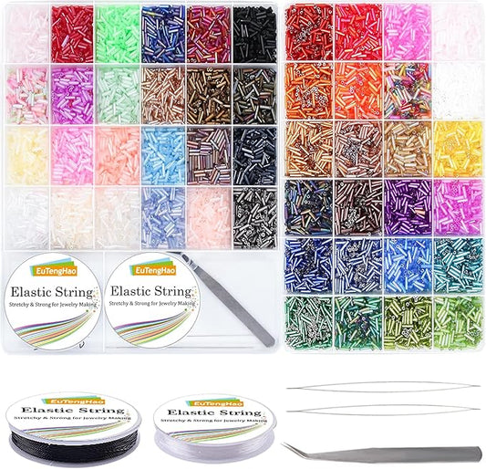 EuTengHao 14400pcs Tube Beads Kit, Glass Bugle Seed Beads Small Craft Beads for DIY Crafting Jewelry Making Supplies (7mm, 300 Per Color, 48 Colors)