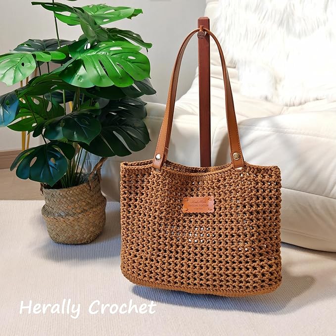 Herally Crochet Kit DIY Bag for Beginners - Include Yarn, Hook and Accessory - with Step by Step Video Tutorials - Crochet Tote Bag (Caramel)