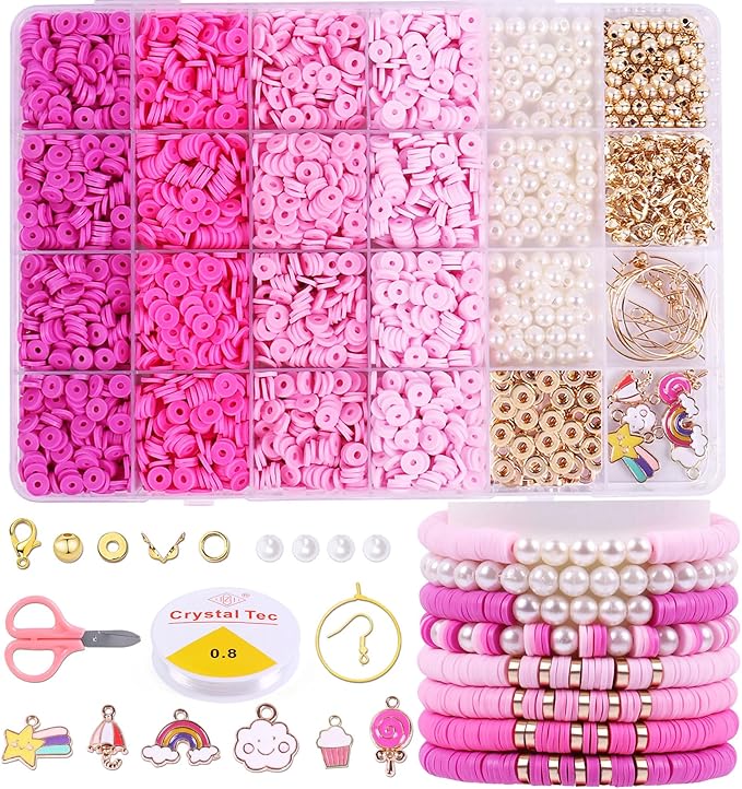 Wuollgess 3500PCS Pink Clay Beads for Bracelet Making Kit, Heishi Beads for Jewelry Making, Friendship Bracelet Kit, Spacer Beads for Adult Necklace Earring DIY