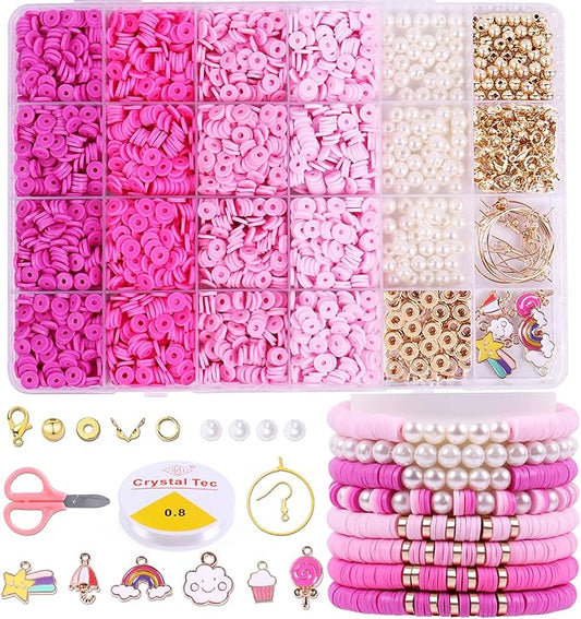 Wuollgess 3500PCS Pink Clay Beads for Bracelet Making Kit, Heishi Beads for Jewelry Making, Friendship Bracelet Kit, Spacer Beads for Adult Necklace Earring DIY