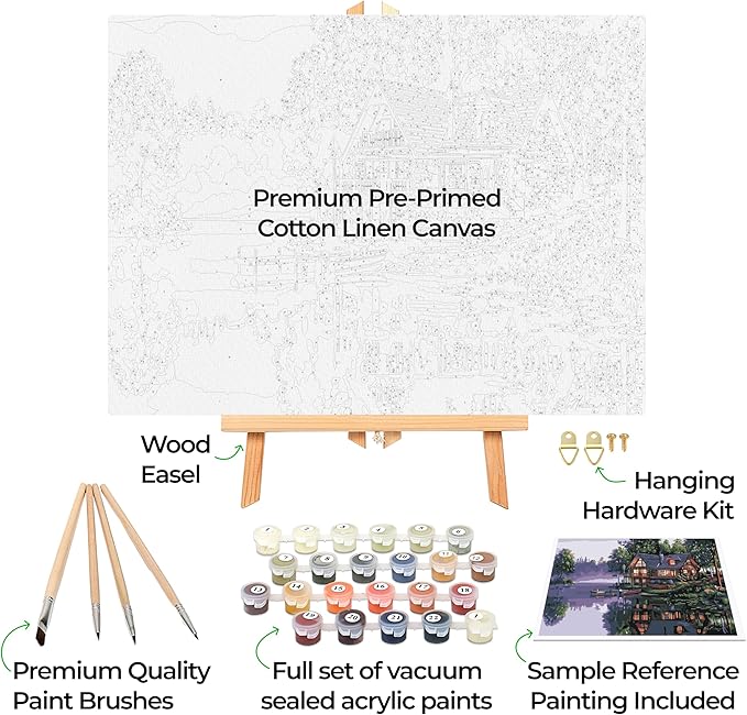 Ledgebay DIY Paint by Numbers Kit for Adults Framed Canvas Beginner to Advanced Paint by Numbers Kit Kits Include Acrylic Paint Set Brushes Tabletop Easel (Cabin Fever 12" x 16" Framed)