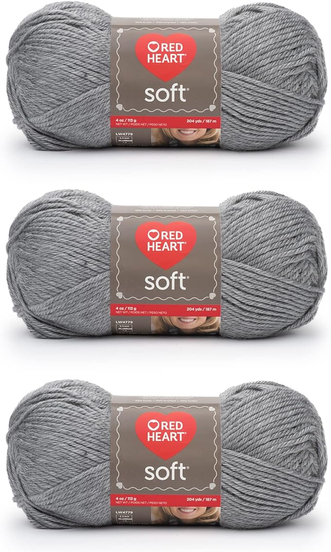 Red Heart Soft Light Gray Heather Yarn - 3 Pack of 113g/4oz - Acrylic - 4 Medium (Worsted) - 256 Yards - Knitting/Crochet