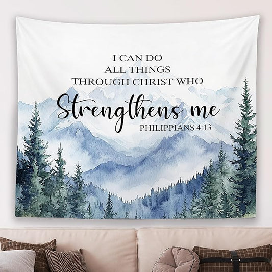 MNASAIOO Christian Mountian Woods Wall Tapestry Hanging for Bedroom, Bible Verse Scripture I can Do All Things through Christ Tapestries, Watercolor Wall Decor for Living Prayer Room Church 50x60in