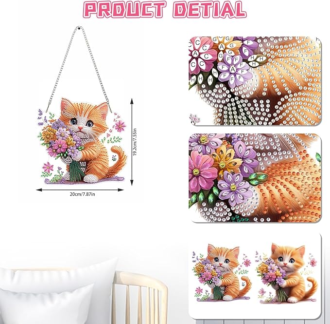 KEYIFA Cat Diamond Painting Kit, DIY Bouquet Diamond Art for Adults, Diamonds Pendant Special Shaped Rhinestone Window Hanging Ornaments Home Garden Wall Door Decoration, 20cm Width
