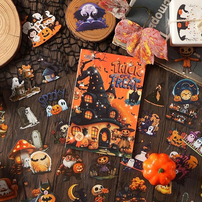 Halloween Sticker Book, 40 Sheets 240 PCS Halloween PET Stickers, Aesthetic Decorative Waterproof Holiday Scrapbook Stickers for Scrapbooking, Journaling, DIY Crafts and Planner Supplies