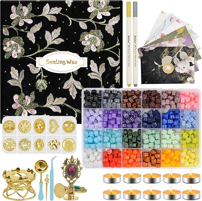 Numola Wax Seal Kit with Gift Box, 24 Colors 600 Pcs Cat-paw Beads, 10 Stamps with Storage Box, 2 Retro Handle, Metal Warmer, Vintage Envelopes, Metallic Pen, Candles, for Gifts and Decorating