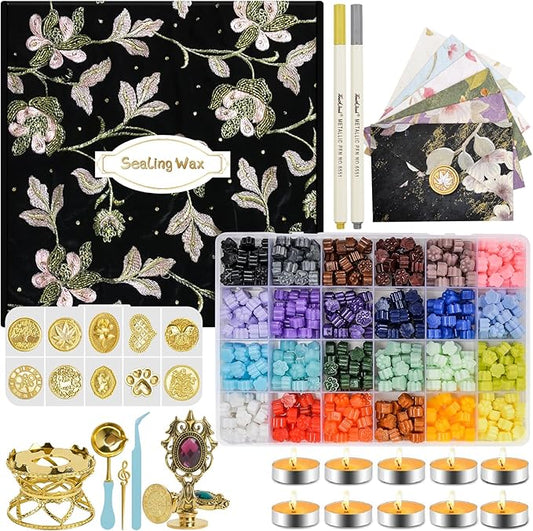 Numola Wax Seal Kit with Gift Box, 24 Colors 600 Pcs Cat-paw Beads, 10 Stamps with Storage Box, 2 Retro Handle, Metal Warmer, Vintage Envelopes, Metallic Pen, Candles, for Gifts and Decorating