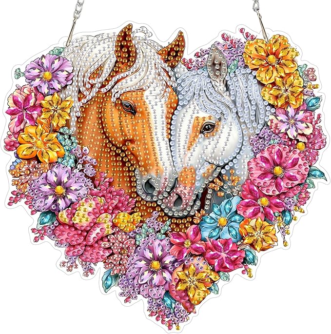 Hanging Diamond Art Kit for Adult, Horse Couple With Flowers, 5D Special Shaped Rhinestone Diamond Painting Ornament, Horses, DIY Acrylic Diamond Art Painting Window Pendants Home Garden Wall Decor
