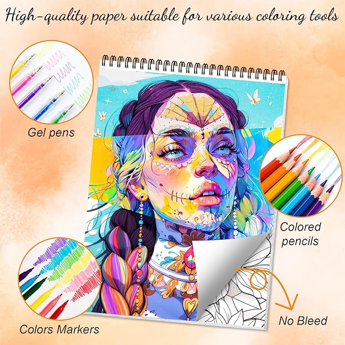 Sugar Skull Women Coloring Book for Adult Women Relaxation, Spiral Bound Printed On One Side, Adult Crafts, Relaxation Gifts, Thick Paper Non-Bleed
