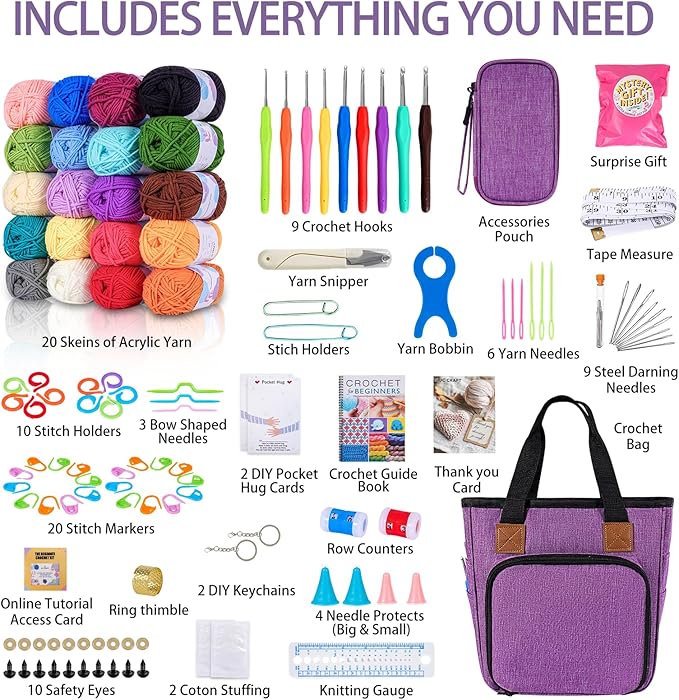 JC CRAFT Deluxe Beginner Crochet Kit – 116-Piece Set with 20 Yarns, Ergonomic Hooks, Accessories, Book for Beginners & Online Tutorial – DIY Starter Kit for Adults & Teens with Purple Bag & Case