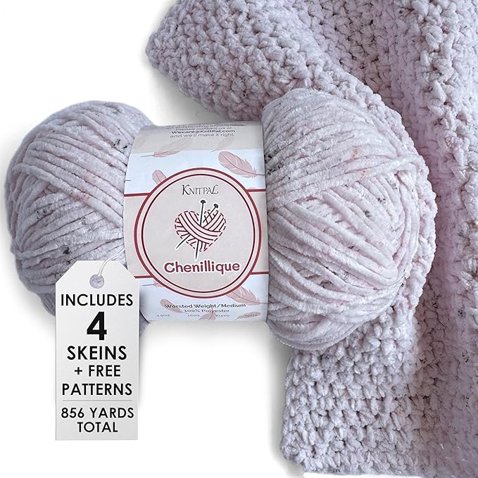 Chenillique Velvet Chenille Yarn for Crocheting, 4-Pack (856Yds / 400G), Free Patterns, Beginners Friendly - Soft Baby Yarn for Knitting Baby Blanket - #4 Medium Worsted Weight - Blush Confetti